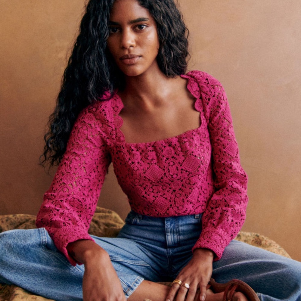 Sezane Fuchsia Lace Square-Neck Long Sleeve Blouse